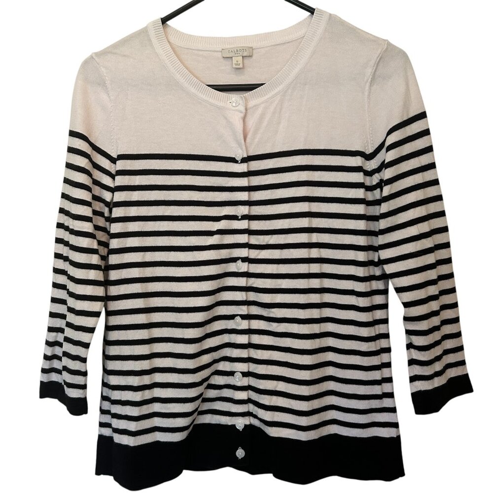 Talbots black/white striped 3/4-sleeve cardigan sz S